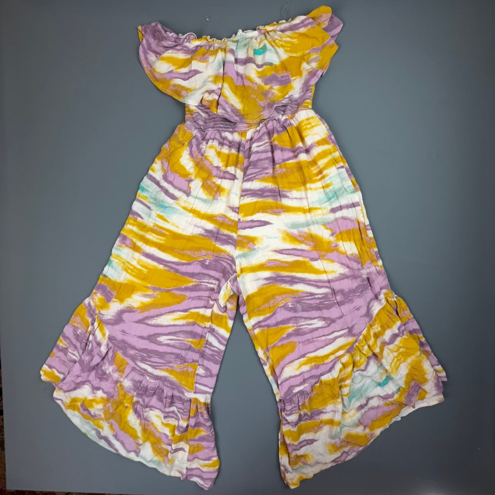 Lush Tie Dye Off Shoulder Ruffle Jumpsuit M Rayon Wide Leg Resort Vacay